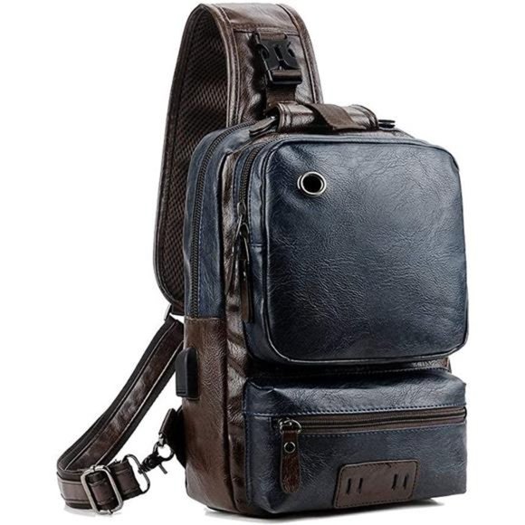 Small Black Sling Crossbody Backpack Shoulder Bag Men Women Vintage PU Leather